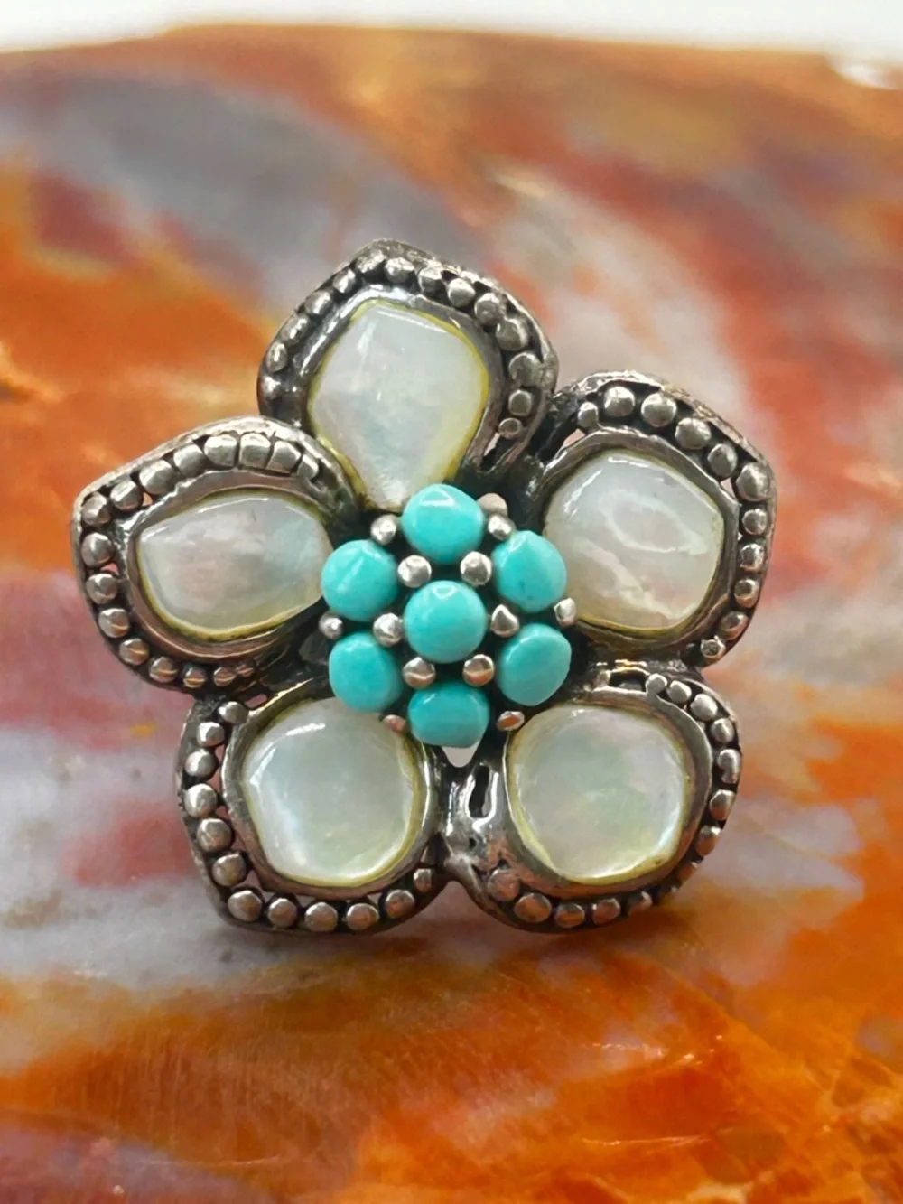 Sterling Silver Turquoise and Shell Flower Ring - Size 6 - Picture 2 of 5
